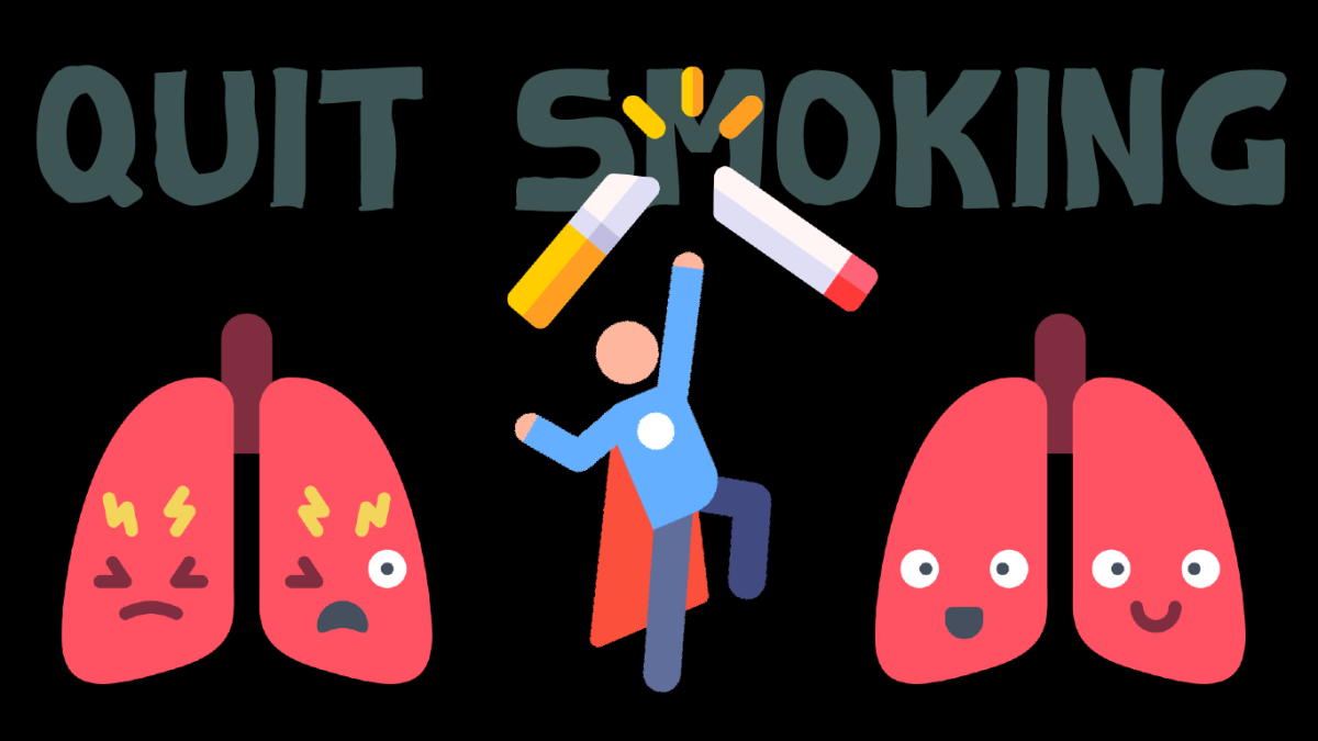 超人擊斷香菸表示戒菸，左邊是不開心的肺，右邊是開心的肺