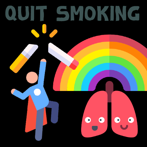 超人擊斷香菸表示戒菸，右邊是開心的肺，上面有彩虹