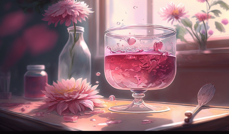 一杯粉紅色的膠原蛋白液體補充品，放在桌上。
